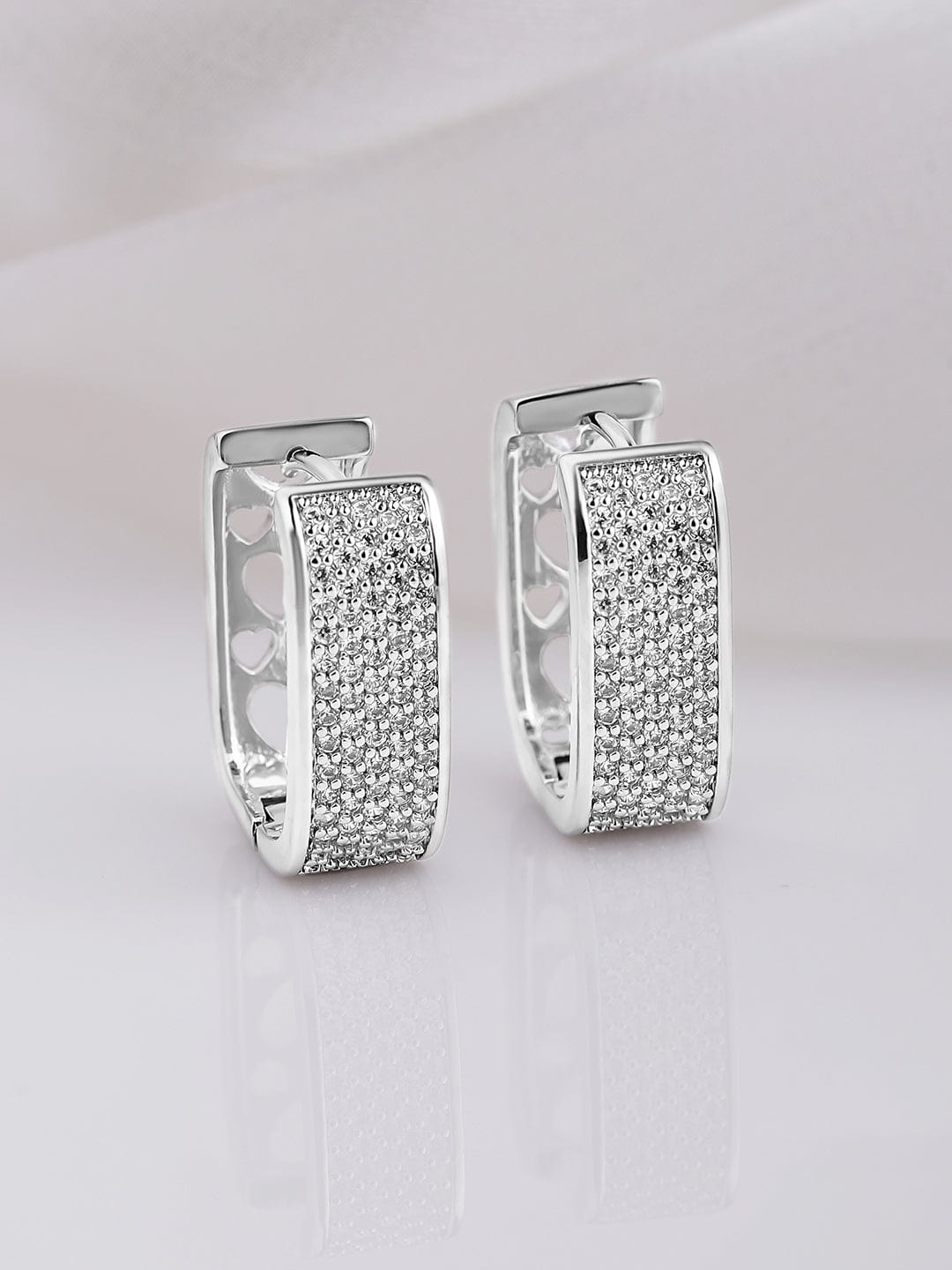 Rhodium Plated Stainless Steel Tarnish-Free Waterproof Zirconia Studded Silver Tone Hoop Earrings Hoop Earrings