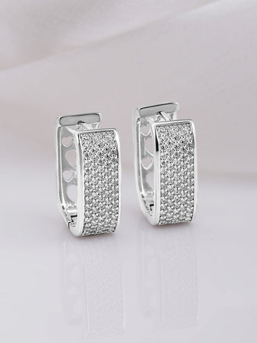 Rhodium Plated Stainless Steel Tarnish-Free Waterproof Zirconia Studded Silver Tone Hoop Earrings Hoop Earrings