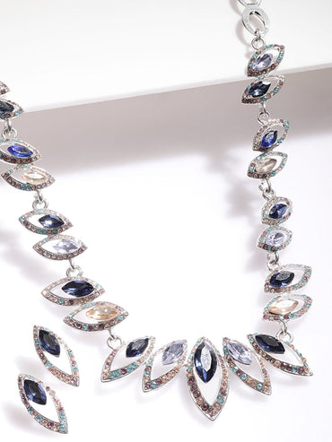 Rhodium-Plated Statement Necklace Set with Multicolor Cubic Zirconia Gemstones Jewellery Set