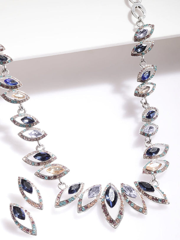 Rhodium-Plated Statement Necklace Set with Multicolor Cubic Zirconia Gemstones Jewellery Set