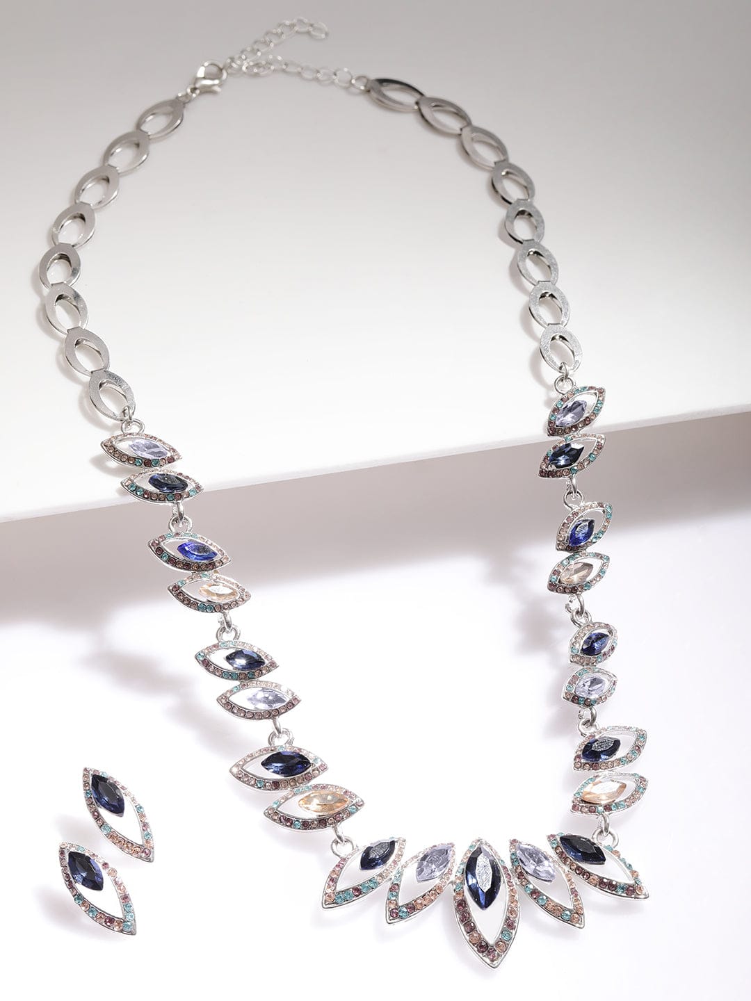 Rhodium-Plated Statement Necklace Set with Multicolor Cubic Zirconia Gemstones Jewellery Set