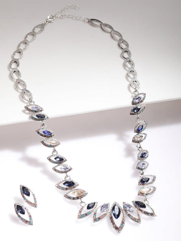 Rhodium-Plated Statement Necklace Set with Multicolor Cubic Zirconia Gemstones Jewellery Set