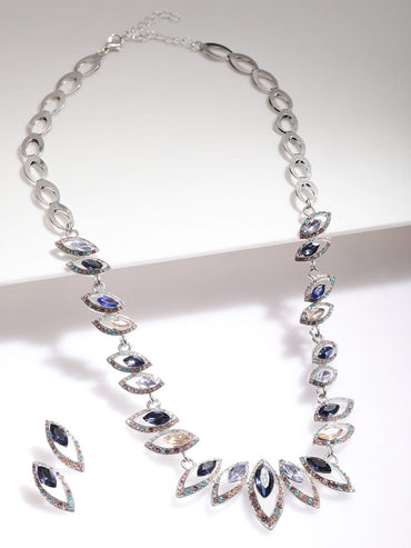 Rhodium-Plated Statement Necklace Set with Multicolor Cubic Zirconia Gemstones Jewellery Set