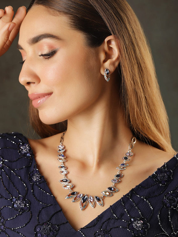 Rhodium-Plated Statement Necklace Set with Multicolor Cubic Zirconia Gemstones Necklace Set