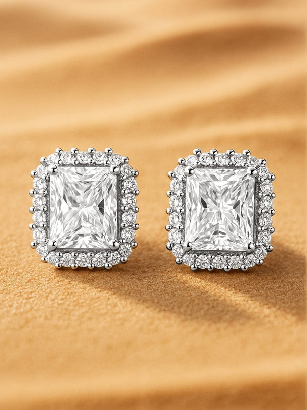 Rhodium-Plated Statement Stud Earrings with Large Princess-Cut Cubic Zirconia Stud Earrings