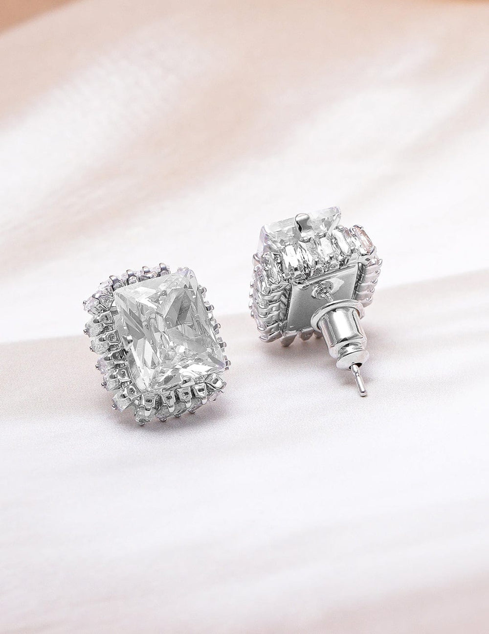 Rhodium-Plated Statement Stud Earrings with Large Princess-Cut Cubic Zirconia Stud Earrings