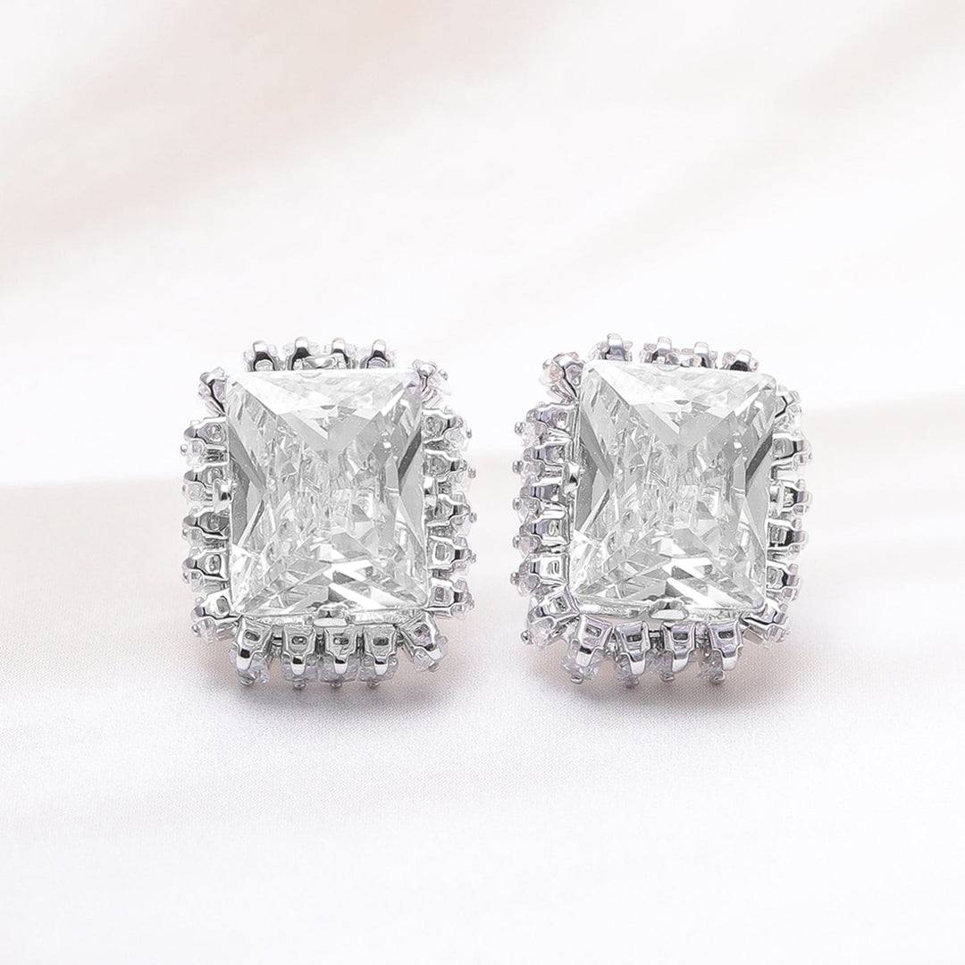 Rhodium-Plated Statement Stud Earrings with Large Princess-Cut Cubic Zirconia Stud Earrings