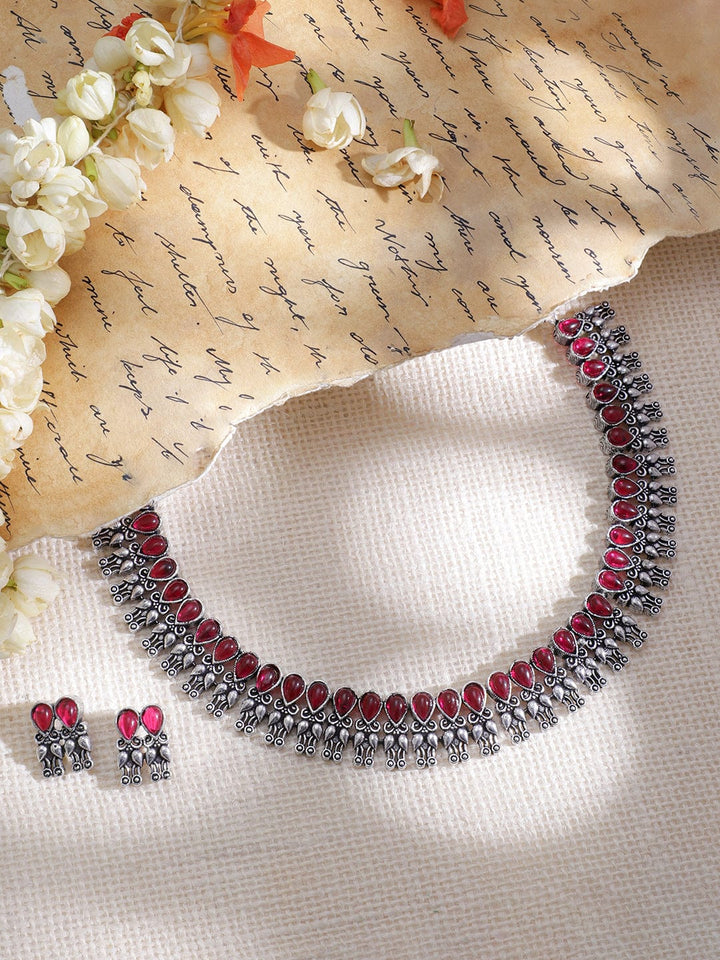 Rhodium-Plated Stone-Studded Oxidised Necklace Set Jewellery Set