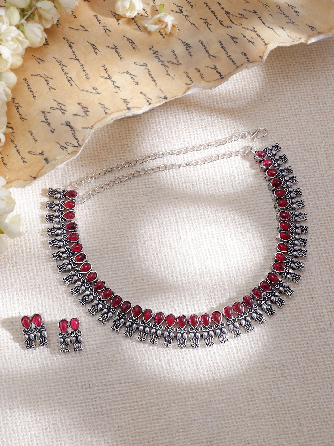 Rhodium-Plated Stone-Studded Oxidised Necklace Set Jewellery Set