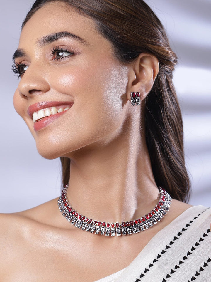 Rhodium-Plated Stone-Studded Oxidised Necklace Set Jewellery Set