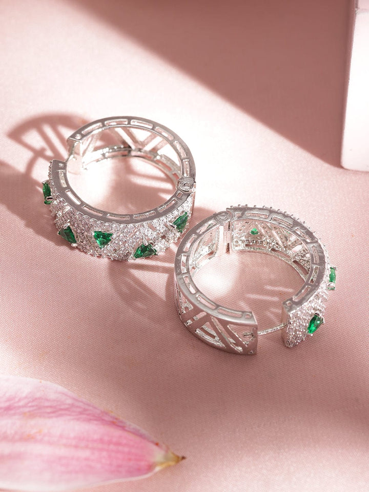 Rhodium Plated Trillant Emerald Crystal Zirconia Exquisite Demi - Fine Hoop Earring Earrings