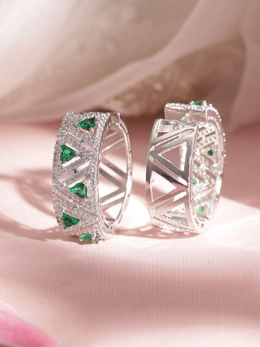 Rhodium Plated Trillant Emerald Crystal Zirconia Exquisite Demi - Fine Hoop Earring Earrings