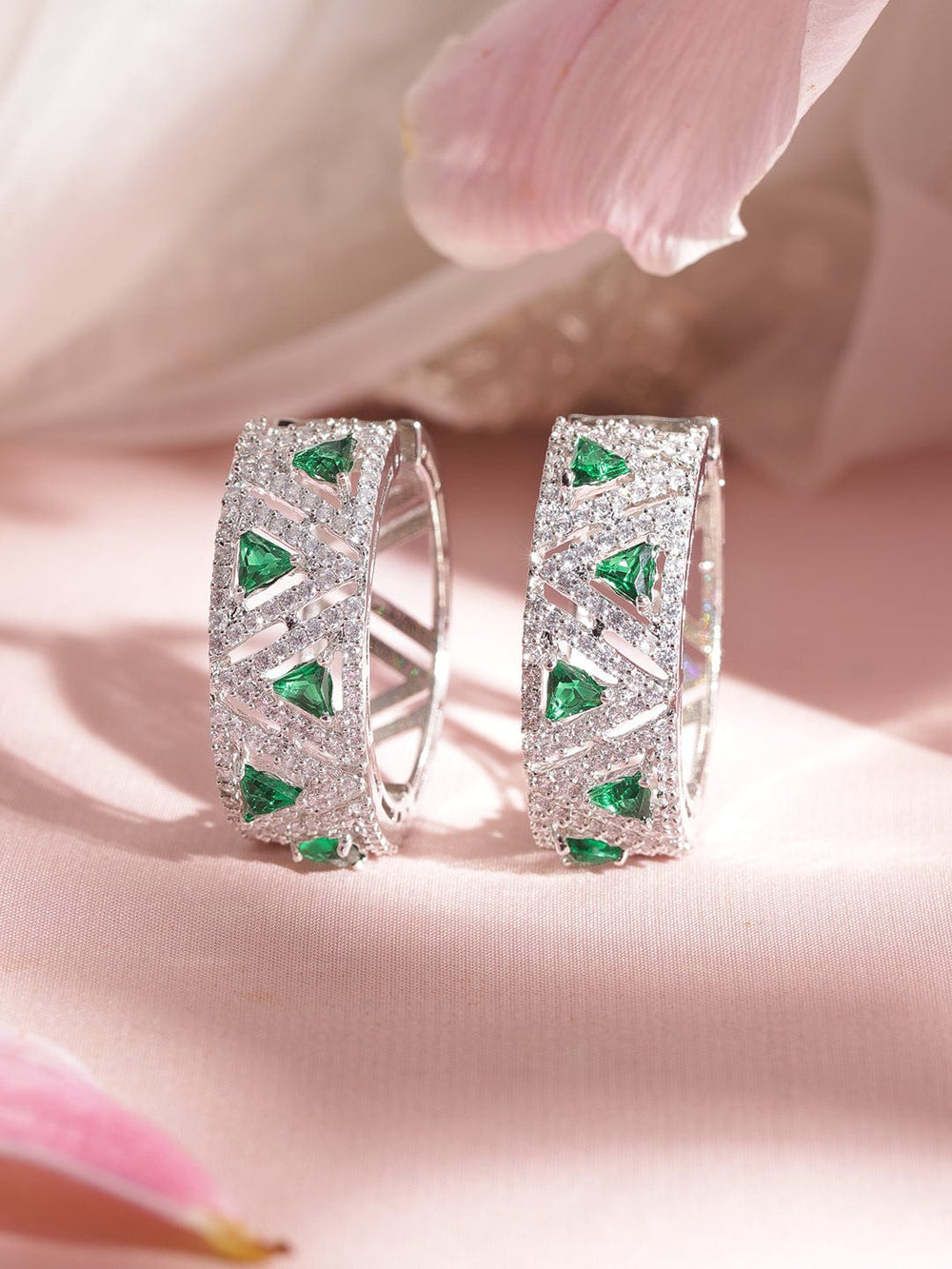 Rhodium Plated Trillant Emerald Crystal Zirconia Exquisite Demi - Fine Hoop Earring Earrings