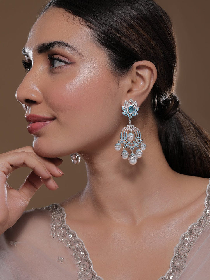 Rhodium-Plated Turquoise Blue &Pink AD & CZ Studded Pearl Drop Big Chandbali Earring Chandbalis