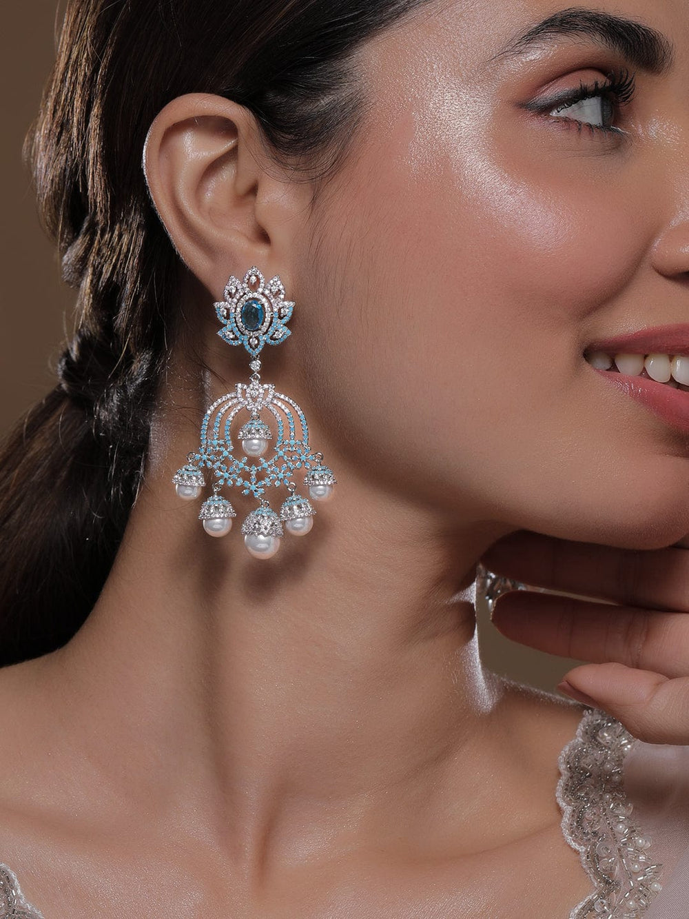 Rhodium-Plated Turquoise Blue &Pink AD & CZ Studded Pearl Drop Big Chandbali Earring Chandbalis