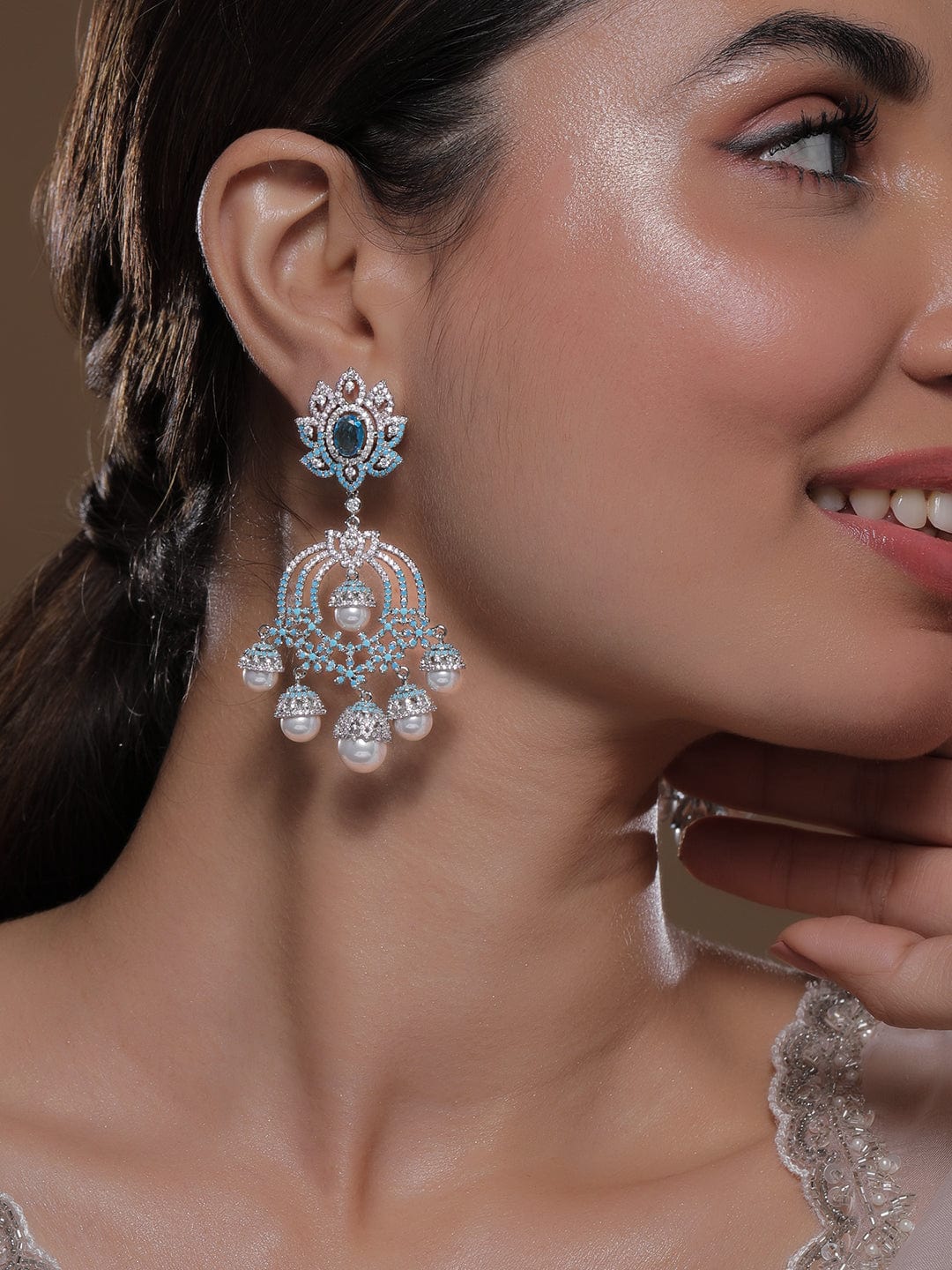 Rhodium-Plated Turquoise Blue &Pink AD & CZ Studded Pearl Drop Big Chandbali Earring Chandbalis