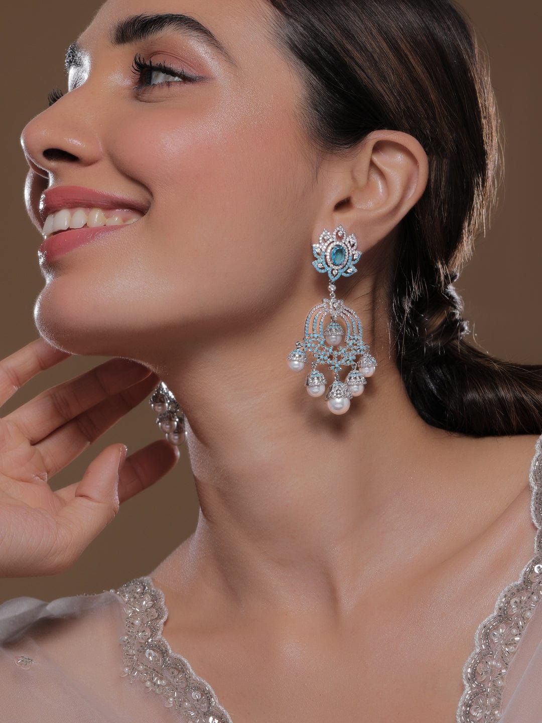 Rhodium-Plated Turquoise Blue &Pink AD & CZ Studded Pearl Drop Big Chandbali Earring Chandbalis