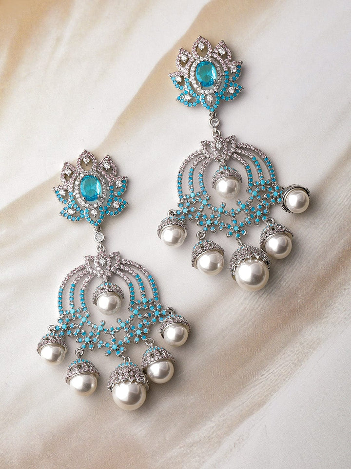 Rhodium-Plated Turquoise Blue &Pink AD & CZ Studded Pearl Drop Big Chandbali Earring Chandbalis