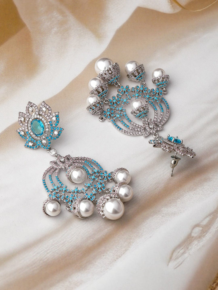 Rhodium-Plated Turquoise Blue &Pink AD & CZ Studded Pearl Drop Big Chandbali Earring Chandbalis