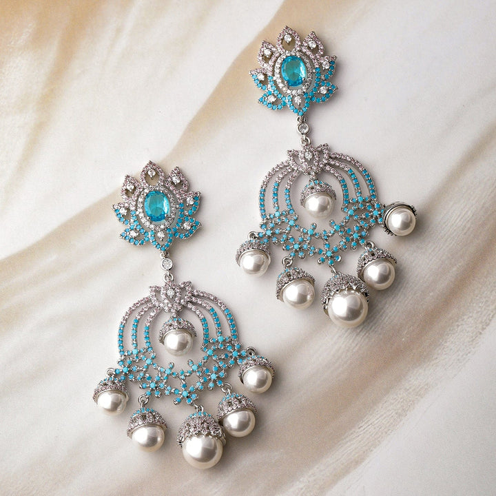 Rhodium-Plated Turquoise Blue &Pink AD & CZ Studded Pearl Drop Big Chandbali Earring Chandbalis