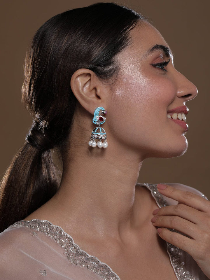 Rhodium-Plated Turquoise Blue & Ruby AD & Zirconia Studded Peacock Design Jhumka Earrings Jhumkas