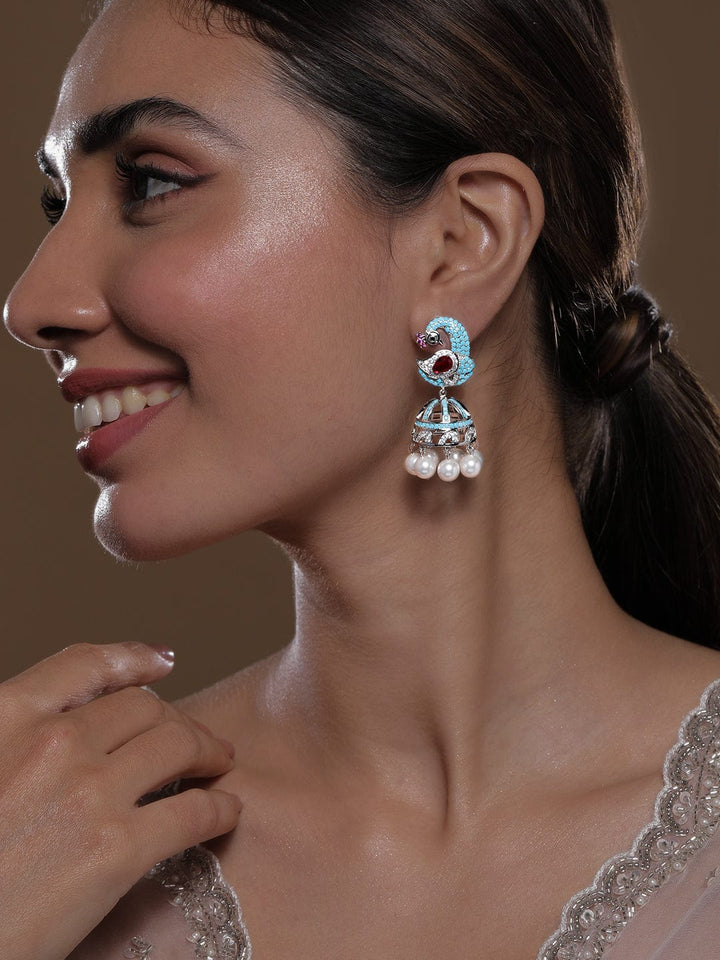 Rhodium-Plated Turquoise Blue & Ruby AD & Zirconia Studded Peacock Design Jhumka Earrings Jhumkas