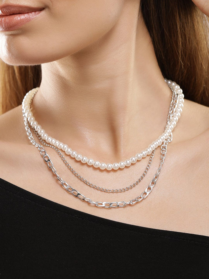 Rhodium Plated White Beaded & Link Chain 3 Layered Neckalce Chain & Necklace