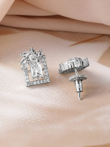 Rhodium Plated White Cubic Zirconia Studded Geometric Stud Earrings Earrings