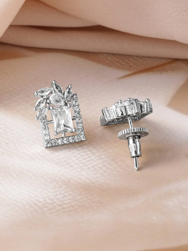 Rhodium Plated White Cubic Zirconia Studded Geometric Stud Earrings Earrings