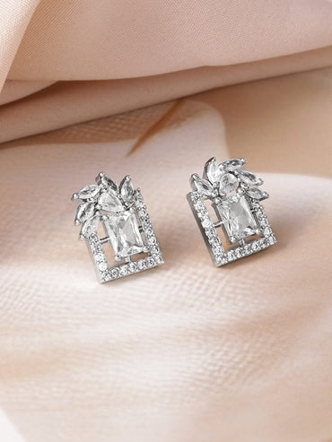 Rhodium Plated White Cubic Zirconia Studded Geometric Stud Earrings Earrings