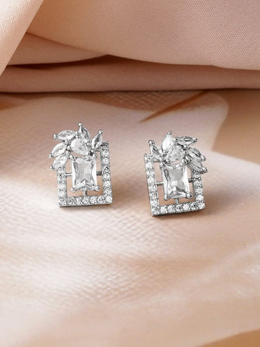 Rhodium Plated White Cubic Zirconia Studded Geometric Stud Earrings Earrings
