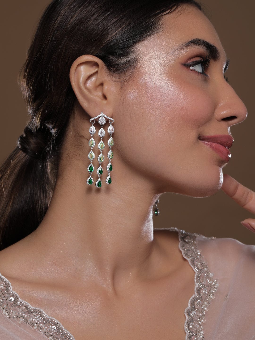 Rhodium-Plated White, Light Green & Emerald AD & Cubic Zirconia Studded Chandelier Earrings Chandbalis