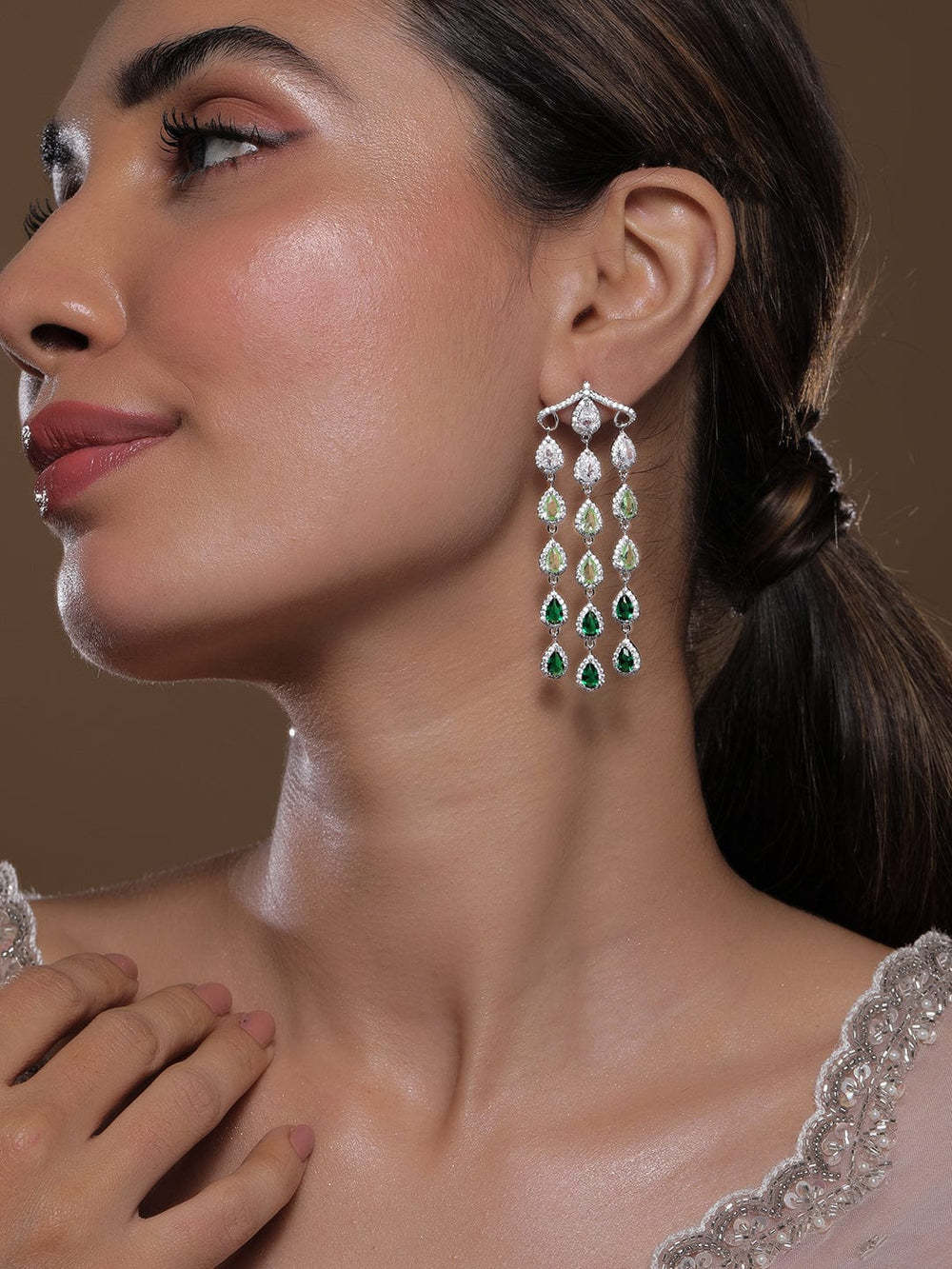 Rhodium-Plated White, Light Green & Emerald AD & Cubic Zirconia Studded Chandelier Earrings Chandbalis