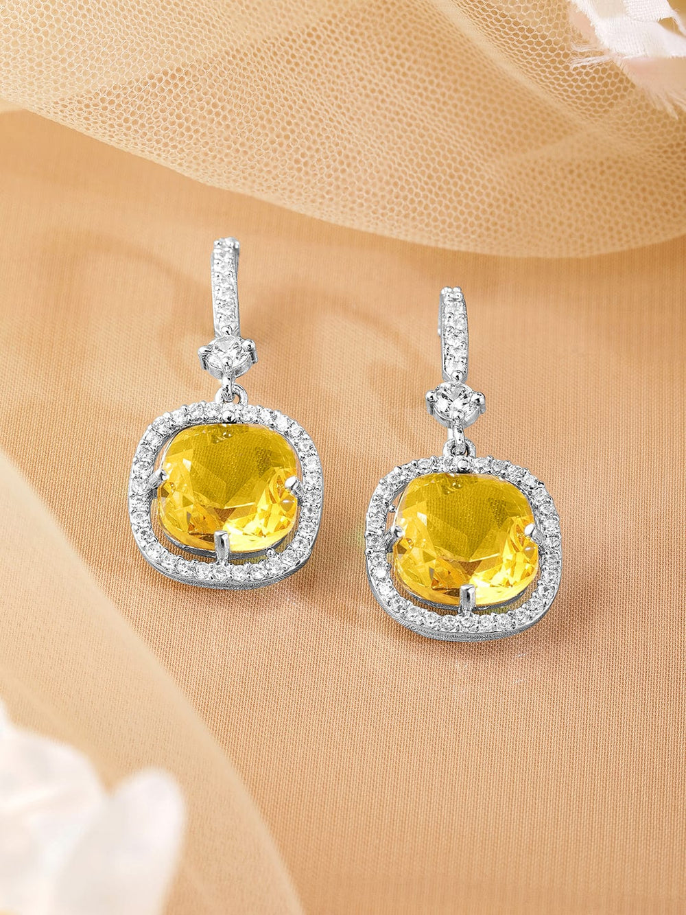 Rhodium Plated Yellow Sapphire & Cubic Zirconia Studded Premium Drop Earrings Drop Earrings