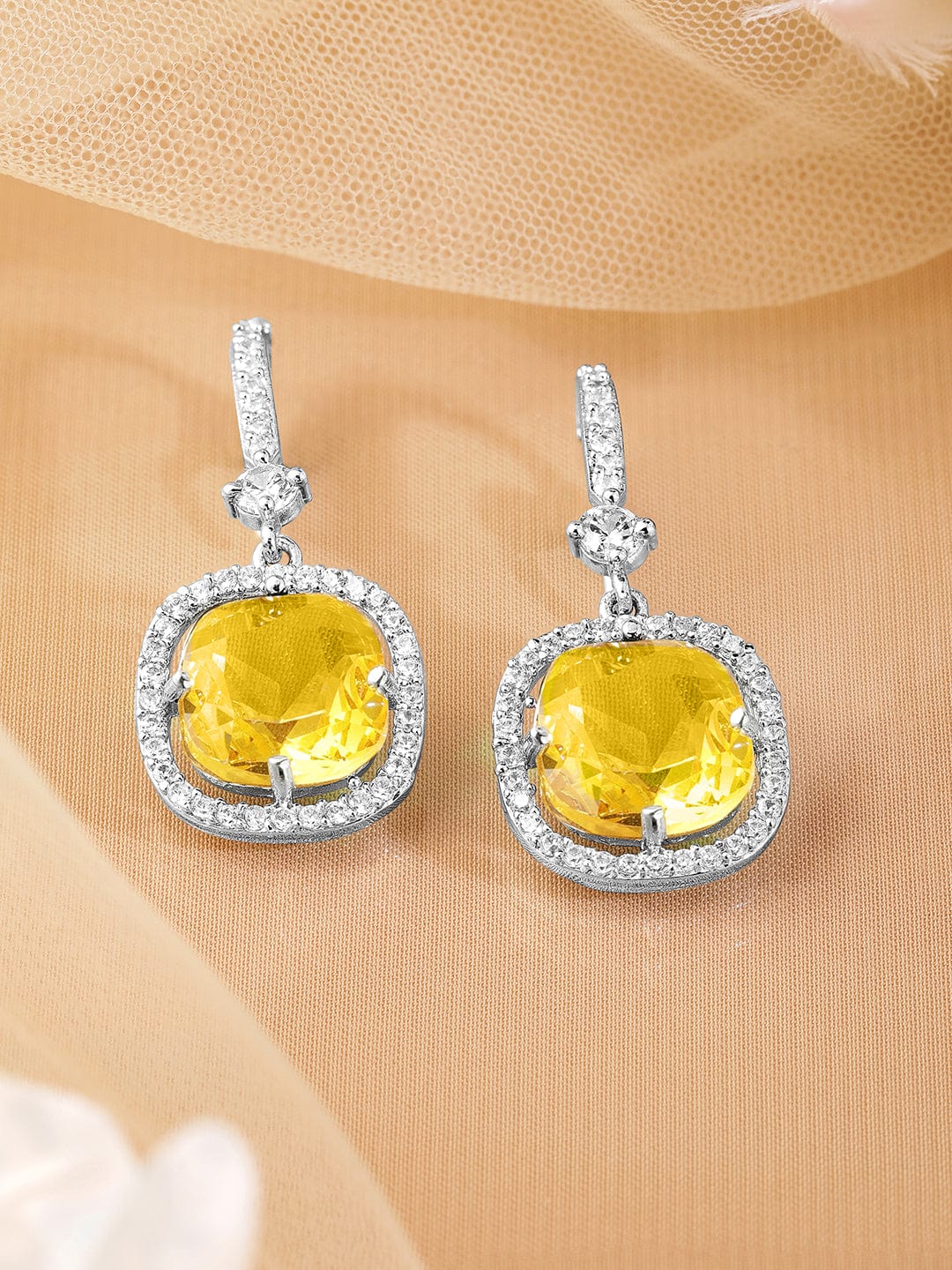 Rhodium Plated Yellow Sapphire & Cubic Zirconia Studded Premium Drop Earrings Drop Earrings