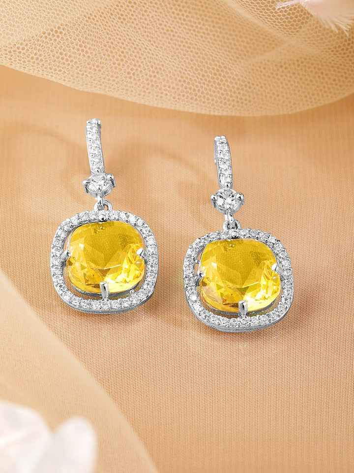 Rhodium Plated Yellow Sapphire & Cubic Zirconia Studded Premium Drop Earrings Drop Earrings