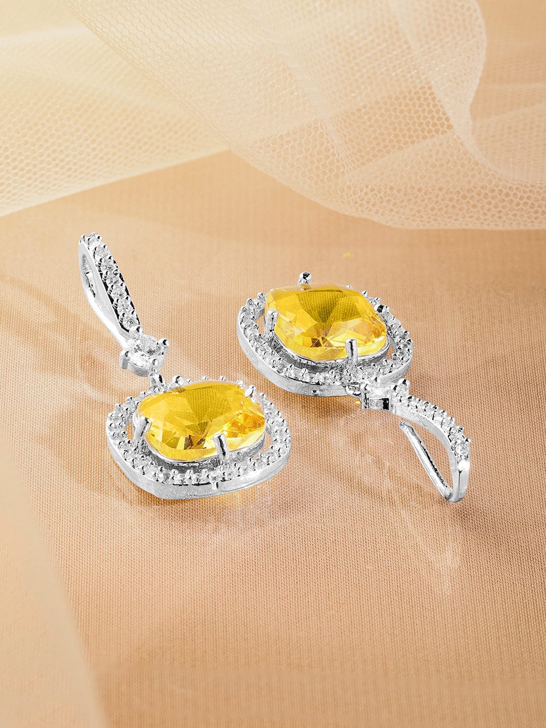 Rhodium Plated Yellow Sapphire & Cubic Zirconia Studded Premium Drop Earrings Drop Earrings