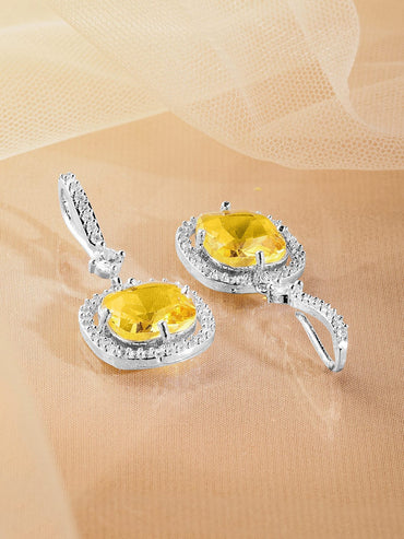 Rhodium Plated Yellow Sapphire & Cubic Zirconia Studded Premium Drop Earrings Drop Earrings