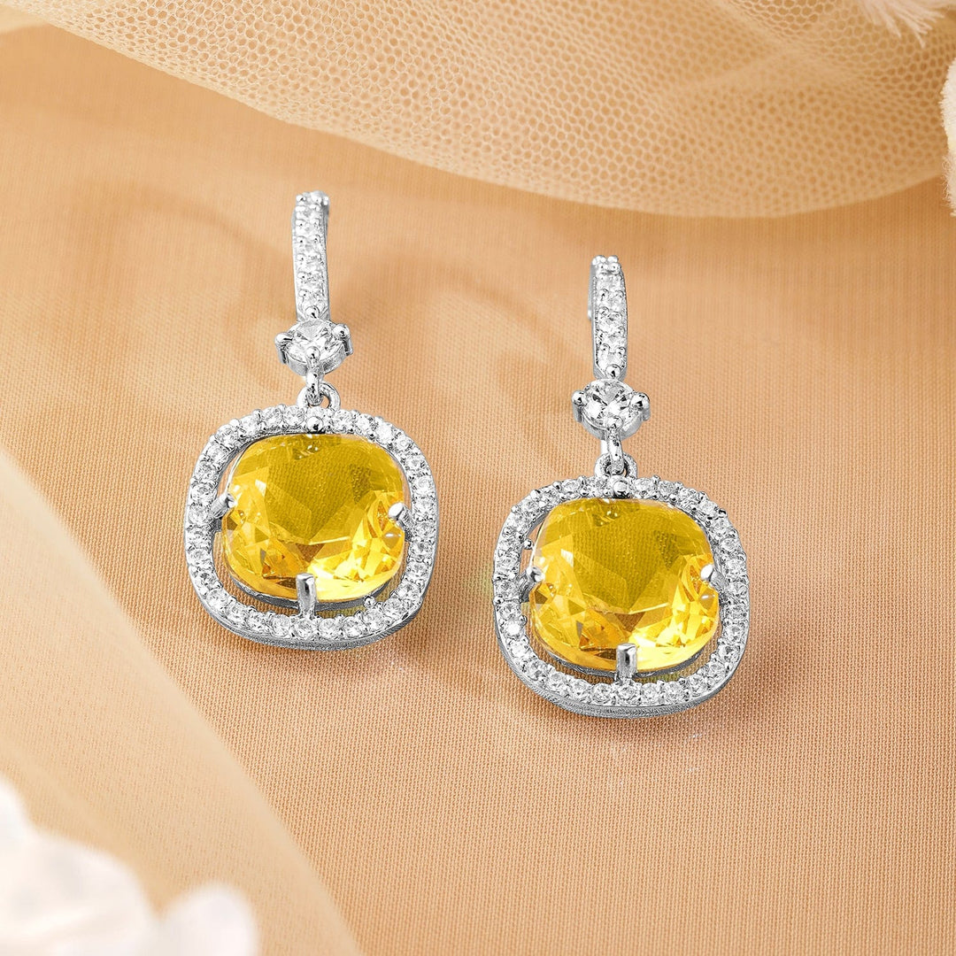 Rhodium Plated Yellow Sapphire & Cubic Zirconia Studded Premium Drop Earrings Drop Earrings