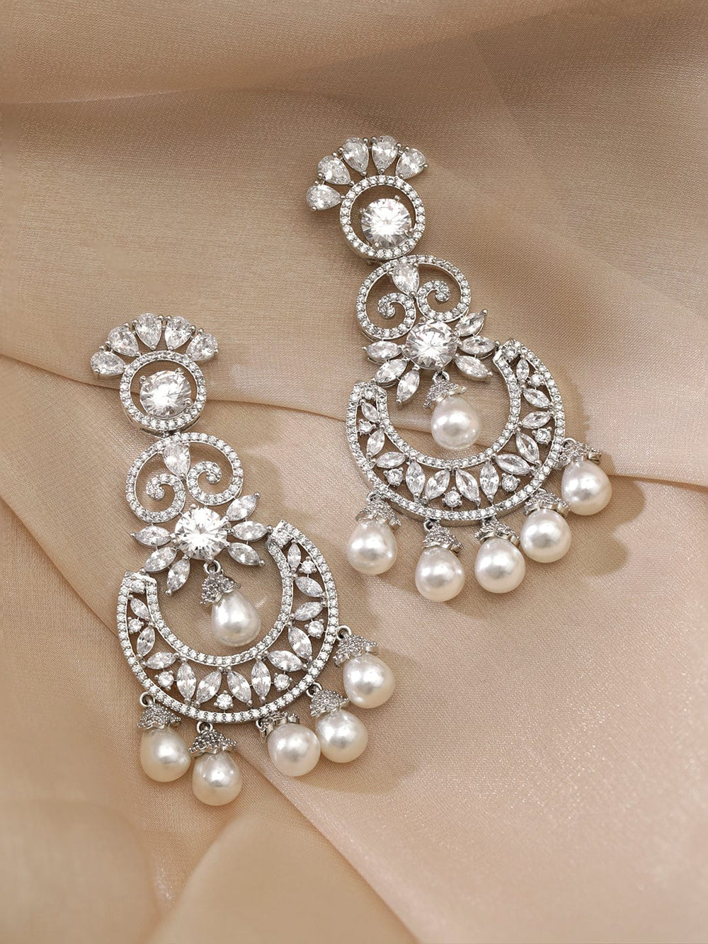 Rhodium plated Zirconia crystals studded pearl beaded chandelier earrings Earrings
