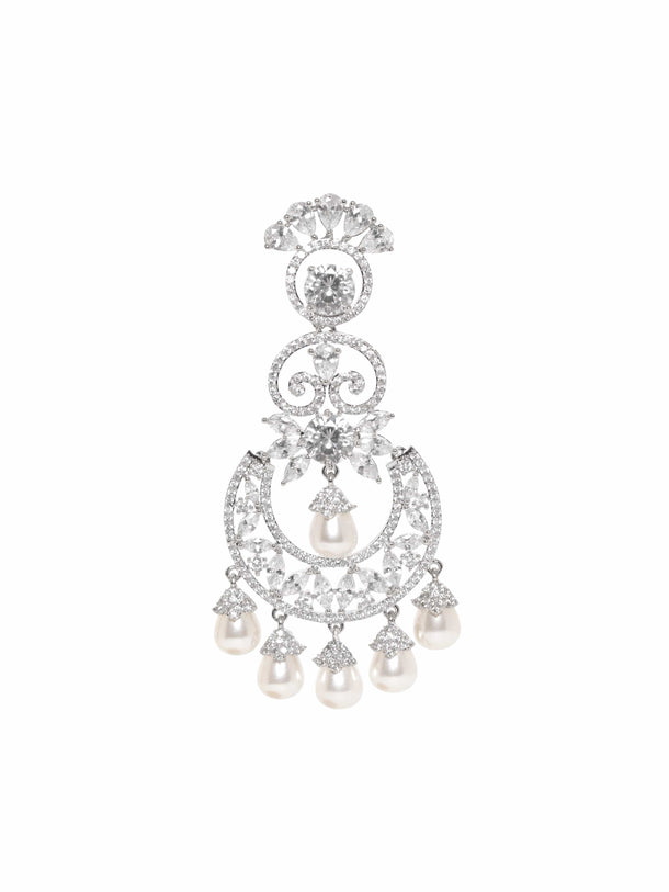 Rhodium plated Zirconia crystals studded pearl beaded chandelier earrings Earrings