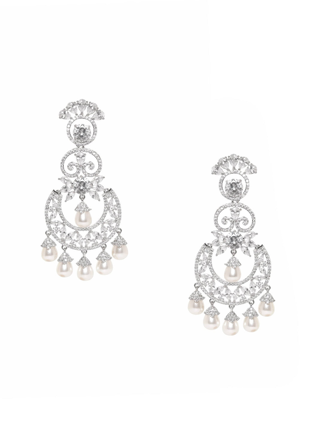 Rhodium plated Zirconia crystals studded pearl beaded chandelier earrings Earrings