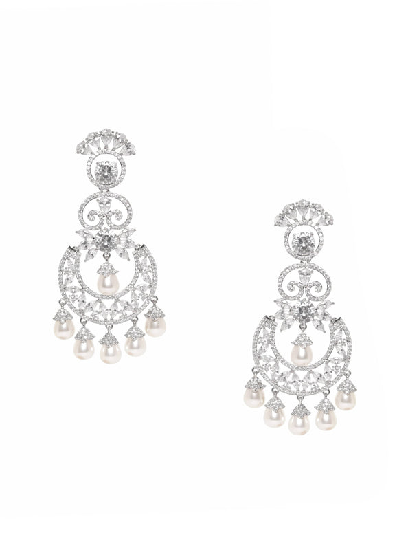 Rhodium plated Zirconia crystals studded pearl beaded chandelier earrings Earrings