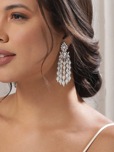 Rhodium plated Zirconia Pave Studded Drop Statement Earrings Earrings