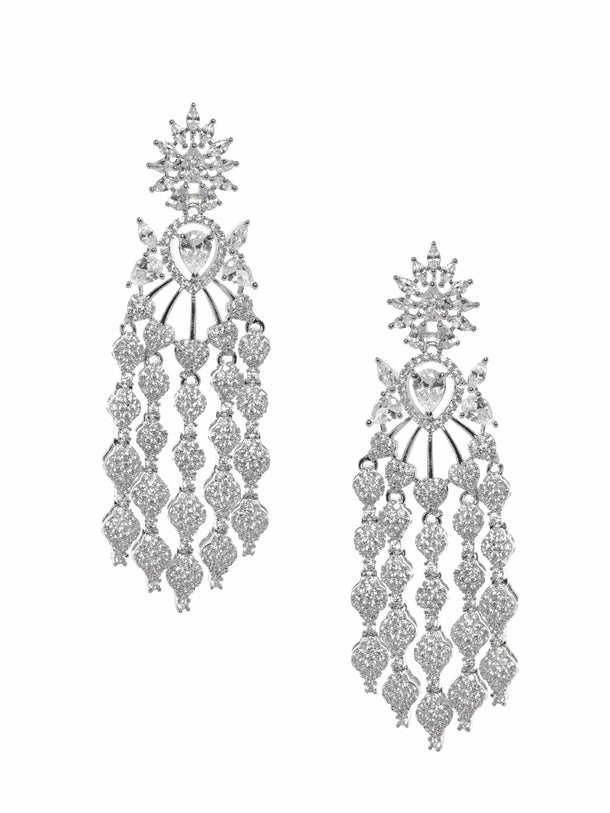 Rhodium plated Zirconia Pave Studded Drop Statement Earrings Earrings