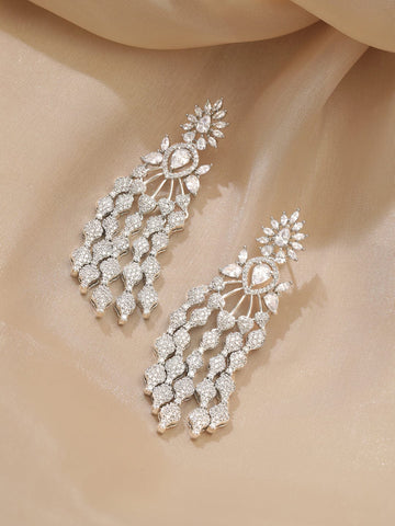 Rhodium plated Zirconia Pave Studded Drop Statement Earrings Earrings