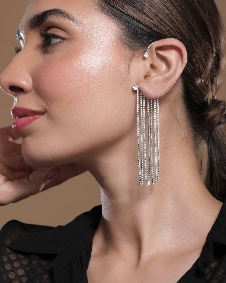 Rhodium Plated Zirconia Studded Multi-Layered Shoulder Duster Ear Cuff Earrings Ear Cuff