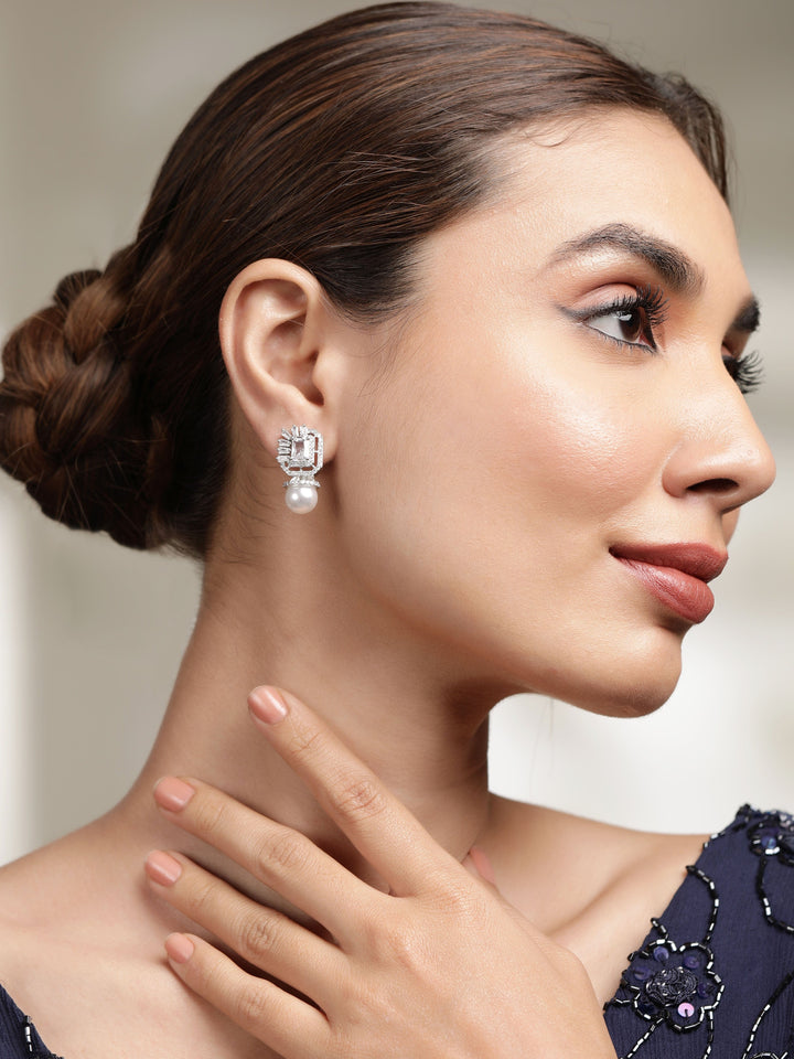 Rhodium plated zirconia studded pearl beaded dainty stud earrings Earrings