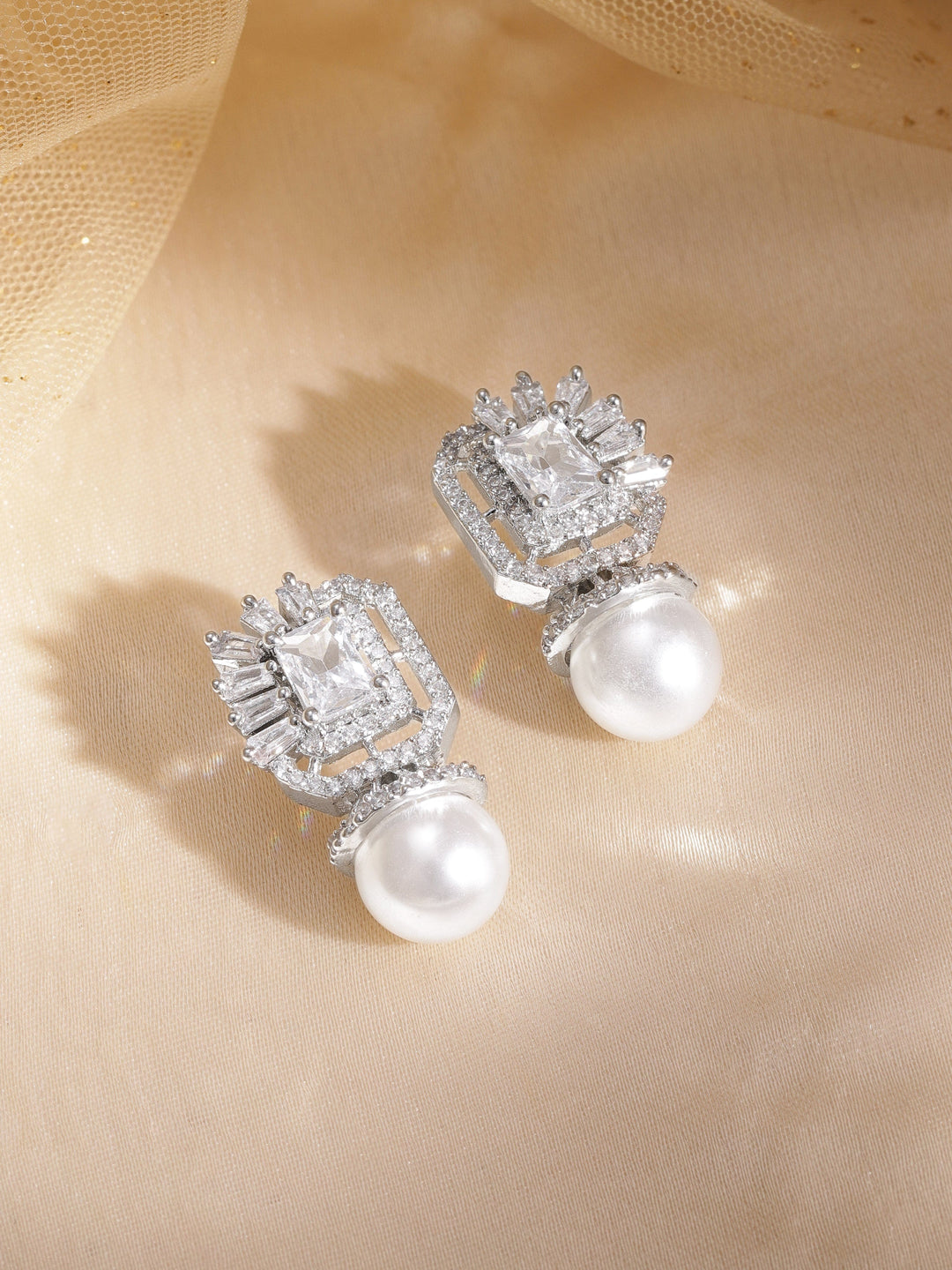 Rhodium plated zirconia studded pearl beaded dainty stud earrings Earrings