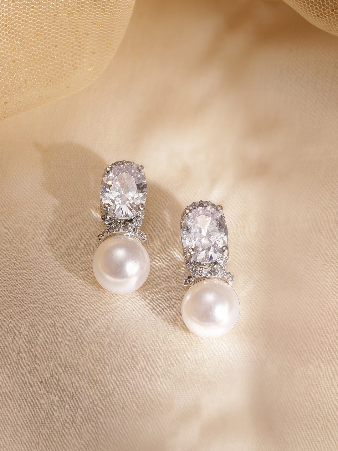 Rhodium plated zirconia studded pearl drop glamour Dainty earrings Earrings